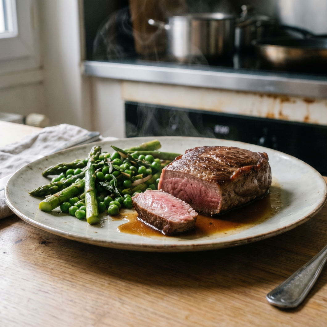 Stek z pająka cielęcego ze szparagami i groszkiem