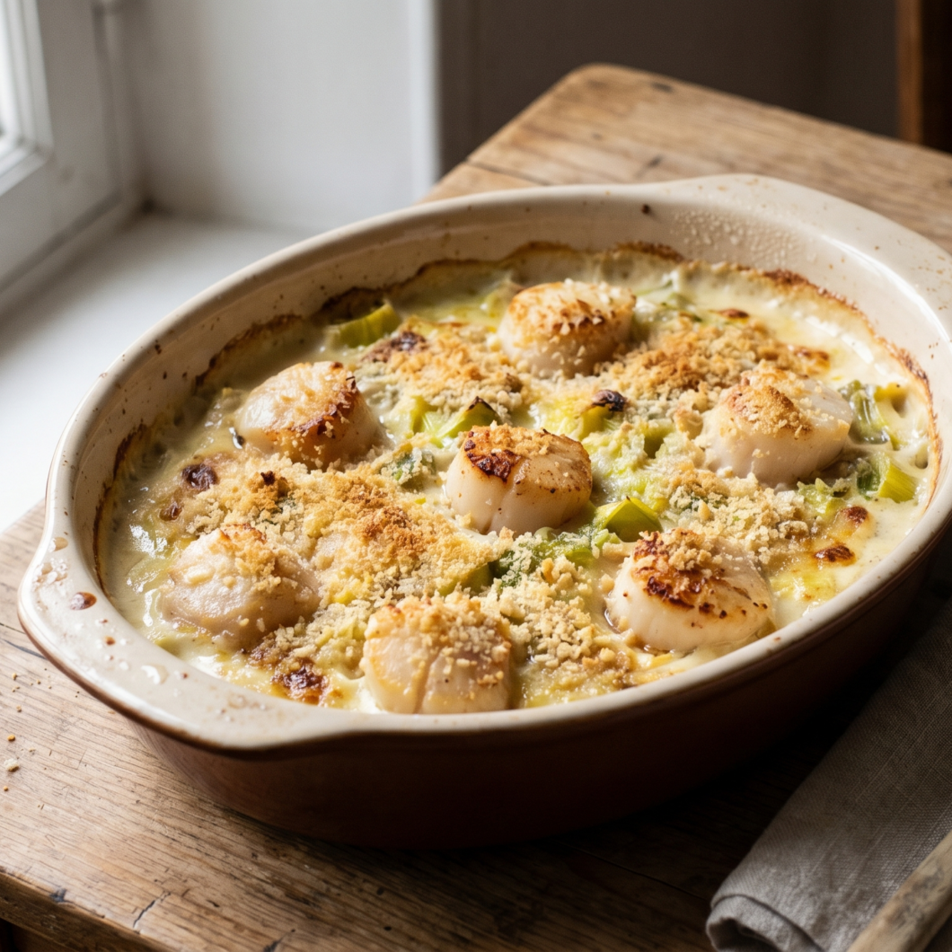 Gratin di capesante e porri