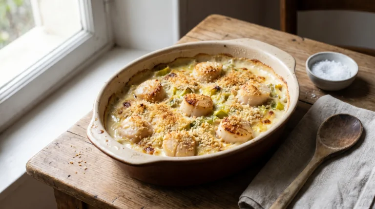 Receta de gratinado de vieiras y puerros