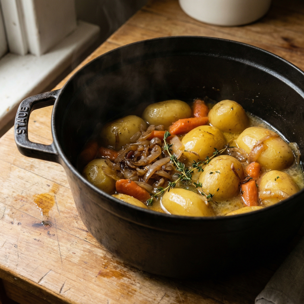 Pomme de terre, carotte et oignon en cocotte
