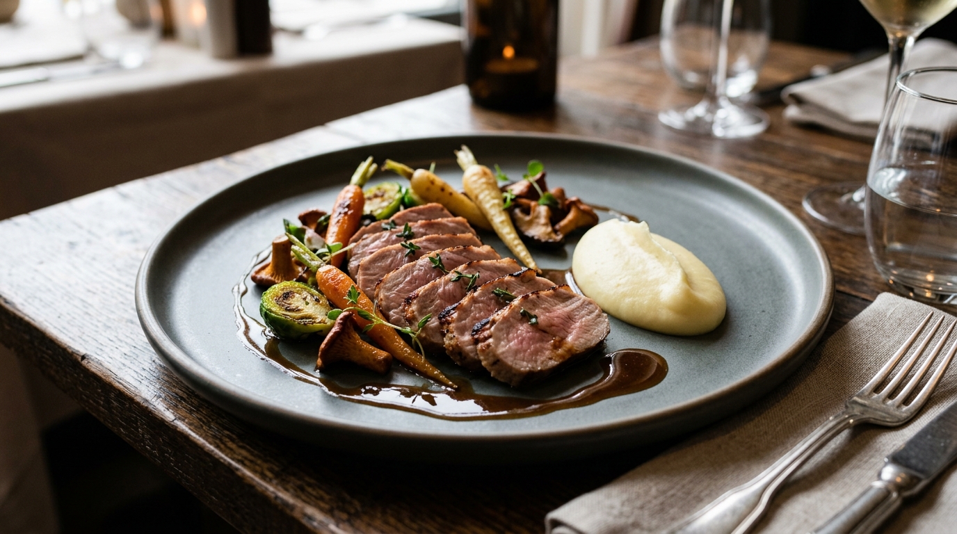 Un piatto elegante con bistecca di maiale a fette sottili, verdure arrostite, una quenelle di purè di patate e un sugo lucido