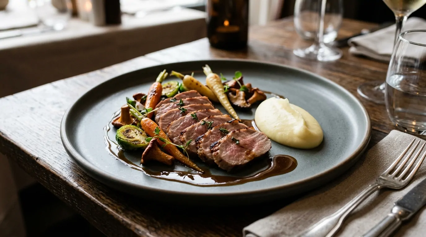 Un plato elegante que incluye filete de cerdo en rodajas, verduras asadas, una quenelle de puré de patatas y un jugo brillante