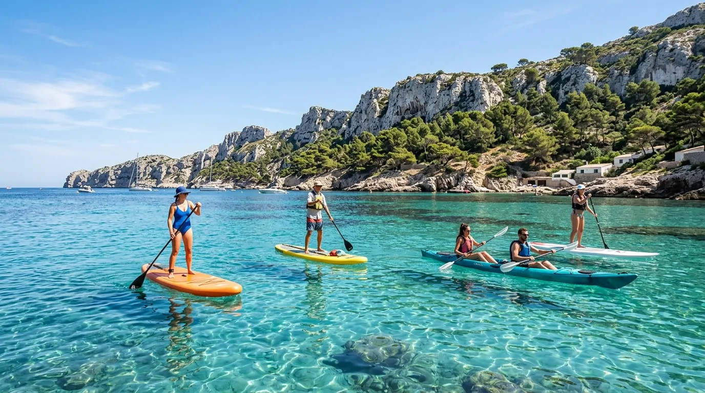 Groupe de personnes en kayak et paddle sur les eaux turquoise du Var