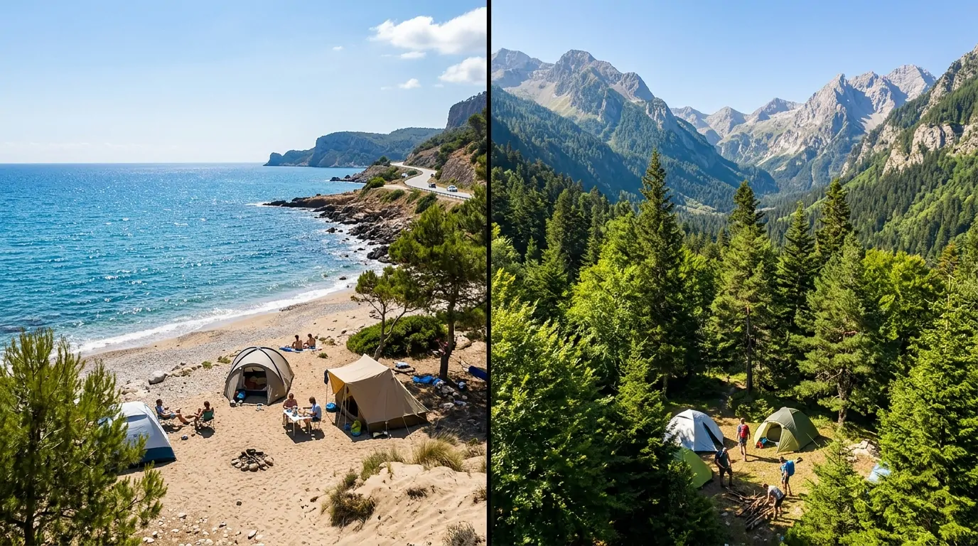 Camping côtier en bord de mer et camping forestier entouré de montagnes en split-screen