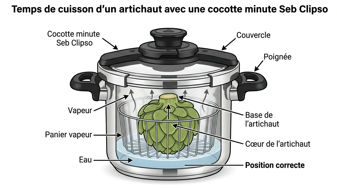 Position Artichaut entier cuit vapeur dans cocotte-minute