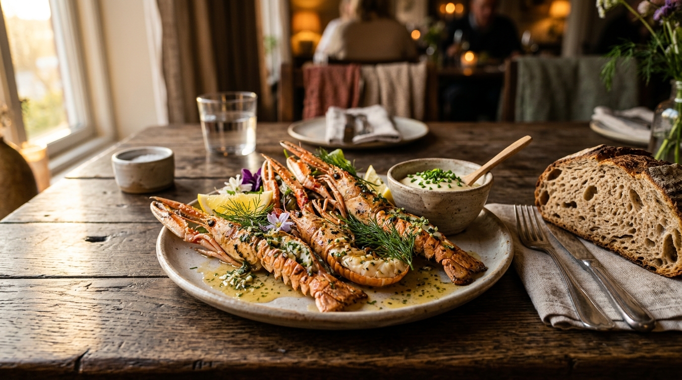 Langostinos bien cocidos servidos con salsa de mantequilla de limón, eneldo y ajo, acompañados de alioli
