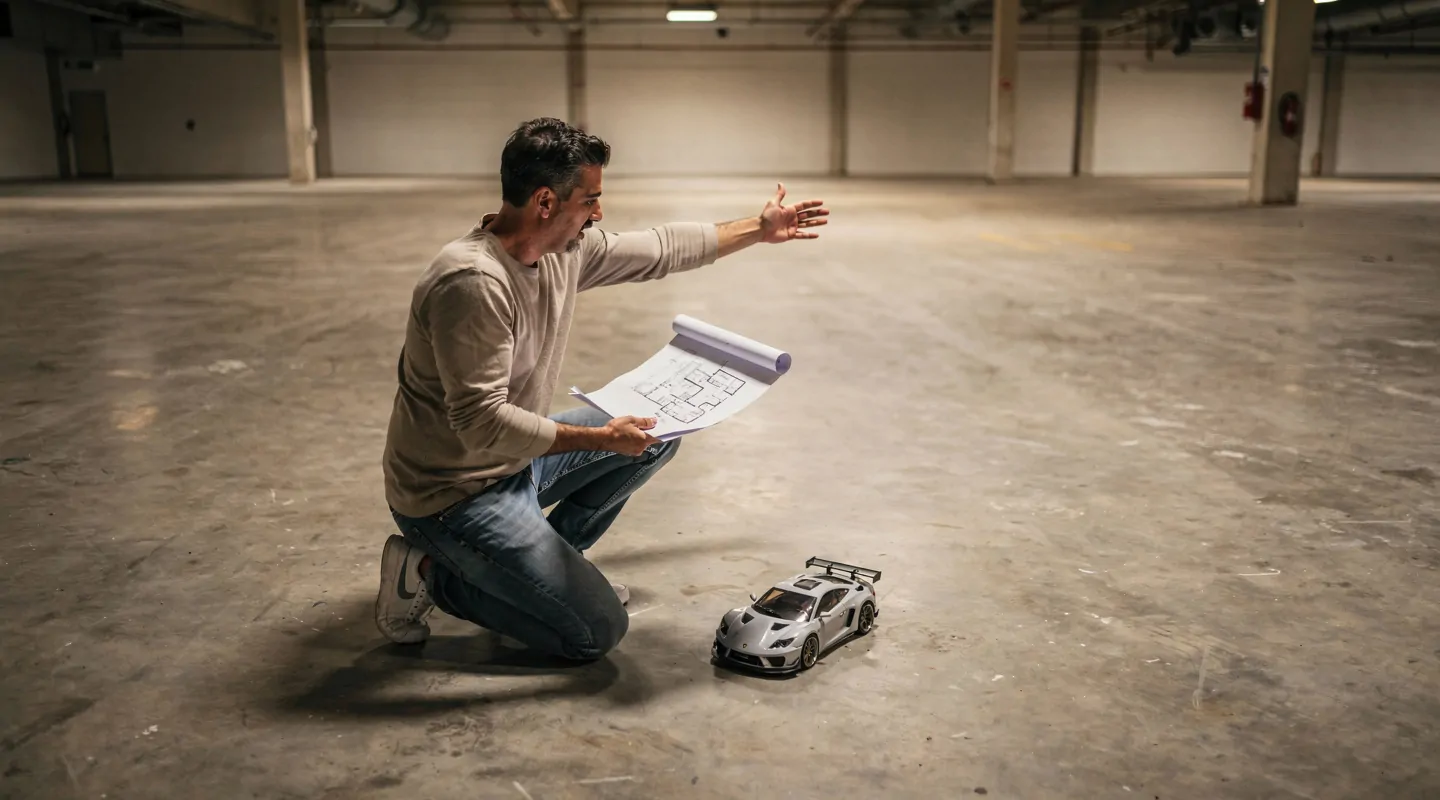 Una persona arrodillada en un suelo de hormigón sostiene un plano dibujado a mano para un circuito radiocontrolado