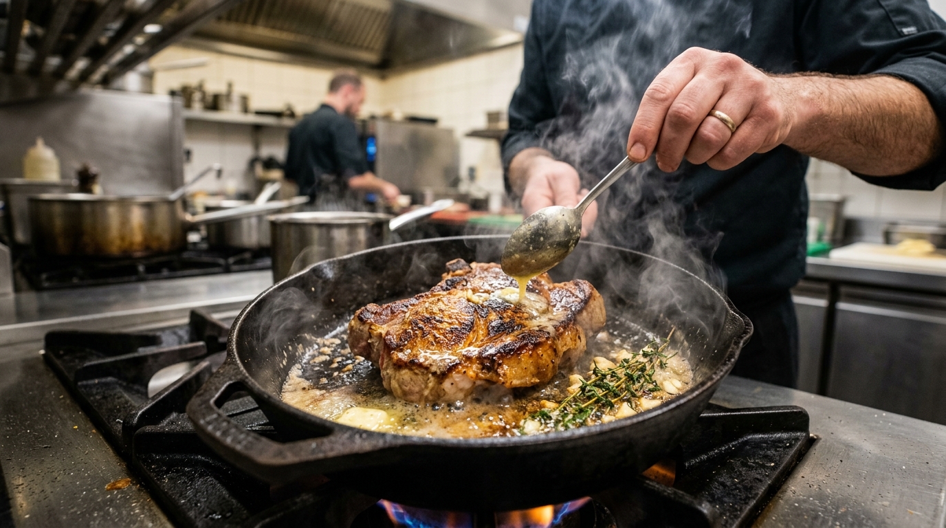 Bistecca di maiale cotta in padella di ghisa con burro e aglio