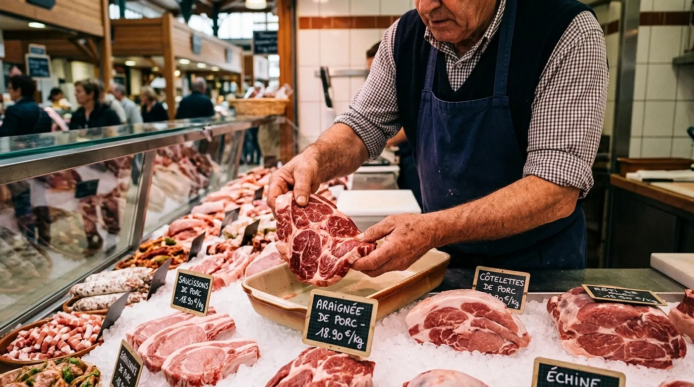 Un carnicero selecciona un filete de araña de cerdo fresco en un puesto de mercado tradicional