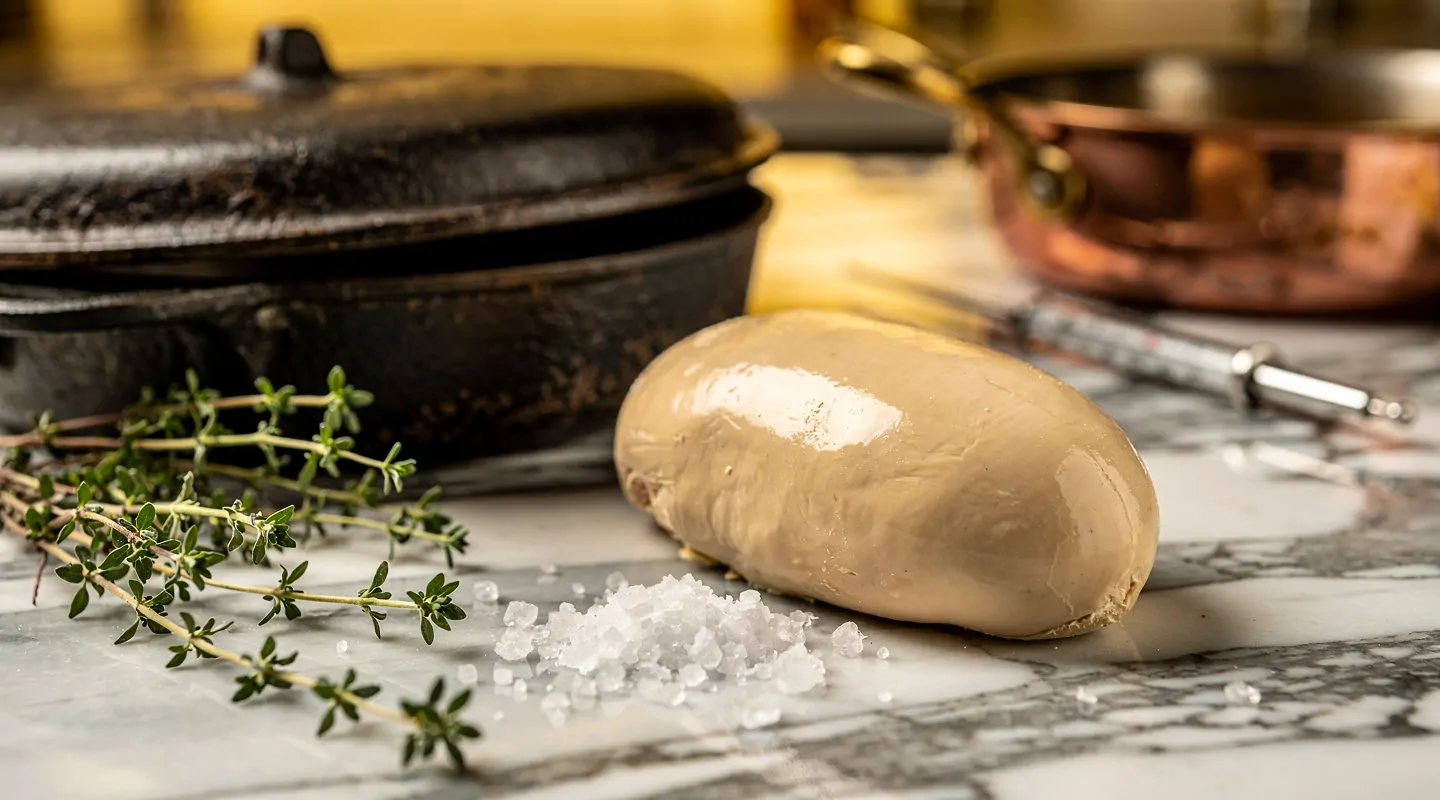 Cook a lobe of raw foie gras on a marble slab surrounded by fresh thyme and sea salt