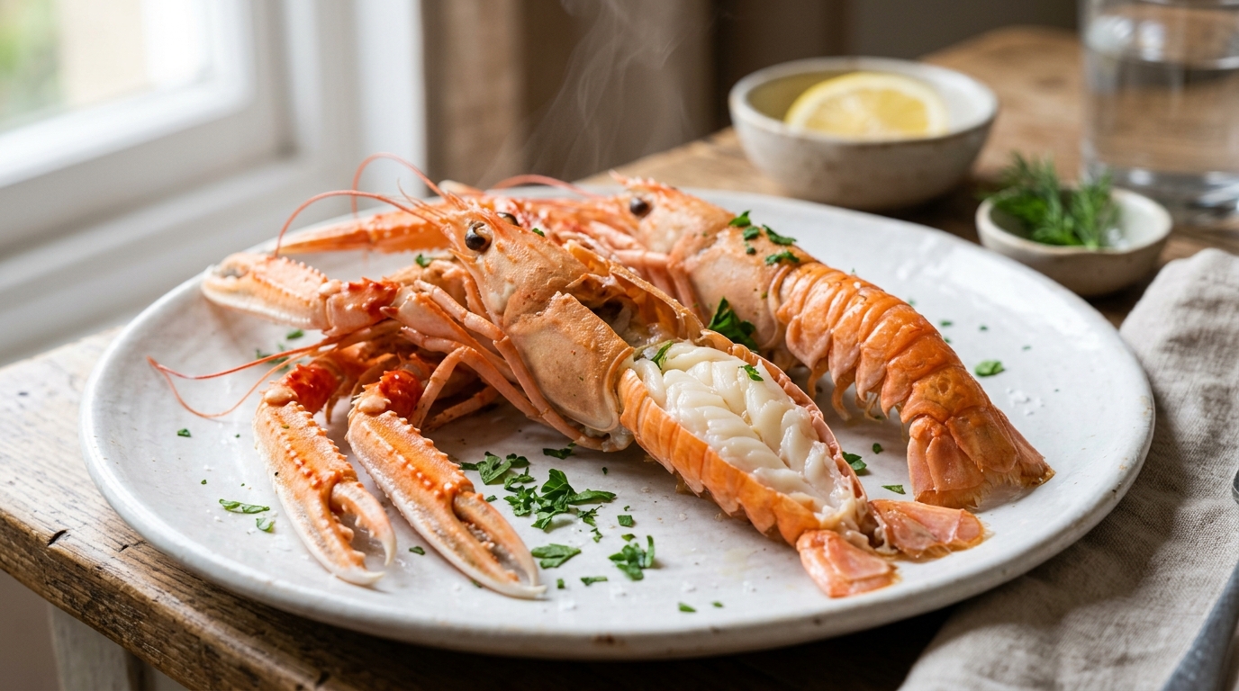Langostinos cocinados en conchas de color rosa anaranjado sobre un plato blanco con vapor ligero