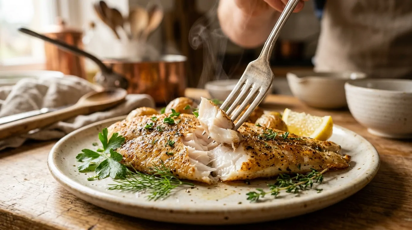 Fillet of cooked dogfish, flaked with a fork, revealing opaque and tender white flesh Fillet of cooked dogfish, flaked with a fork, revealing opaque and tender white flesh