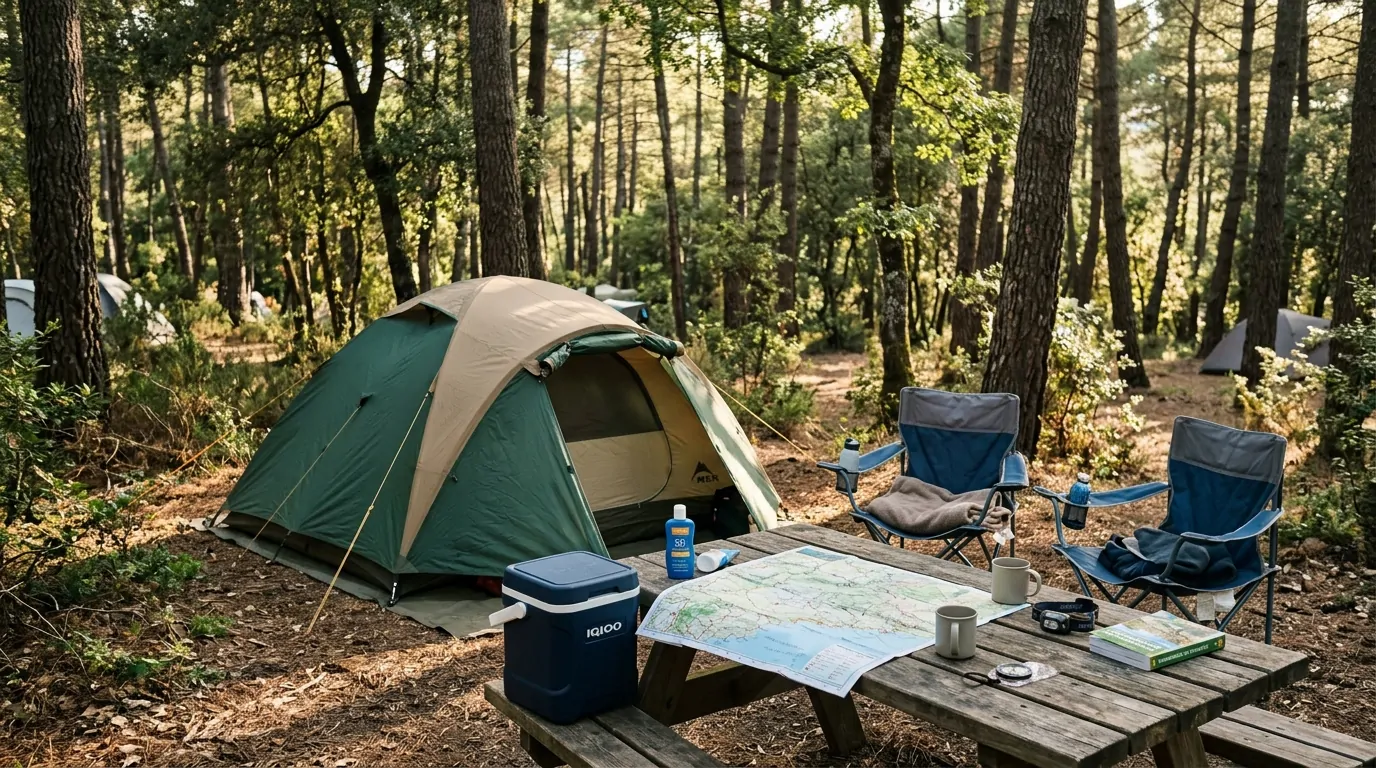 Campement organisé sous les pins du Var avec tente, chaises pliantes, glacière et carte routière