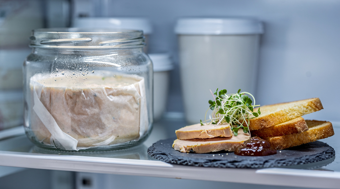 Terrina de foie gras en un tarro de cristal en el frigorífico con tostadas de brioche y mermelada de higos Terrina de foie gras en un tarro de cristal en el frigorífico con tostadas de brioche y mermelada de higos