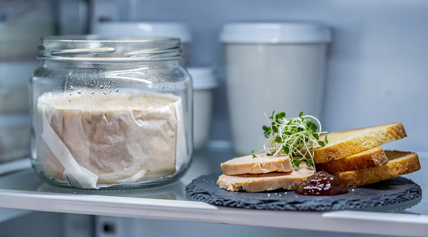 Terrine de foie gras en bocal verre au réfrigérateur avec toast brioche et confiture de figues