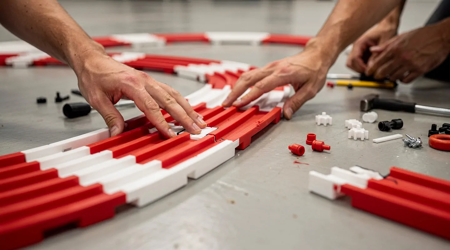 Manos ensamblando bordes de pista de radiocontrol de espuma roja y blanca sobre un suelo liso