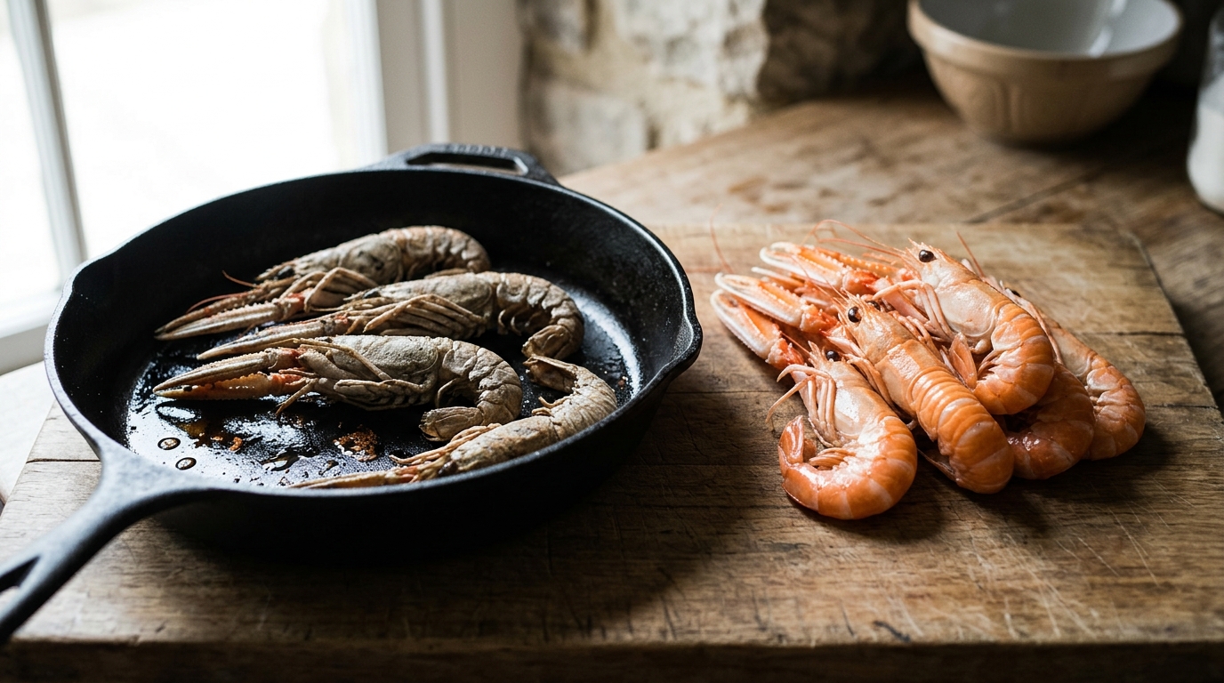 Langostinos demasiado cocidos, grises y gomosos junto a langostinos perfectamente cocidos y de color naranja brillante