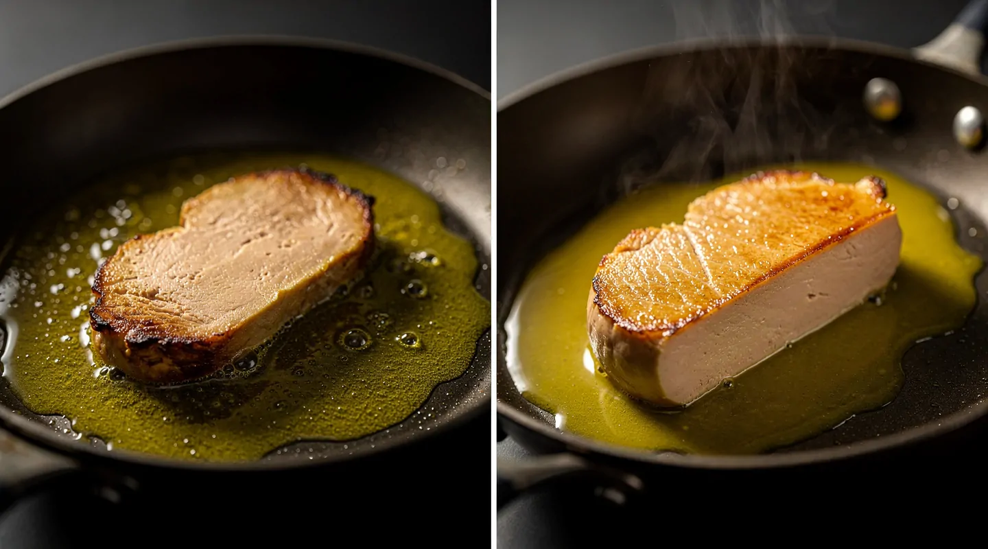 Una loncha de foie gras demasiado cocida y derretida, en comparación con una loncha dorada y perfectamente cocinada Una loncha de foie gras demasiado cocida y derretida, en comparación con una loncha dorada y perfectamente cocinada