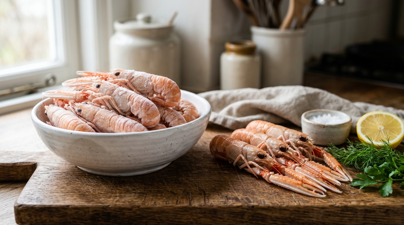 Langostinos congelados en un bol blanco y langostinos frescos sobre una tabla de madera