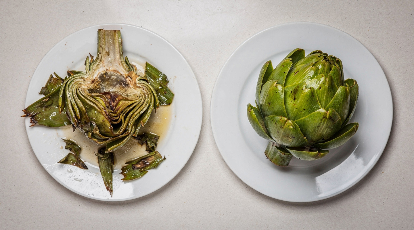 Comparación entre una alcachofa demasiado cocida que se deshace y una alcachofa perfectamente cocida y firme