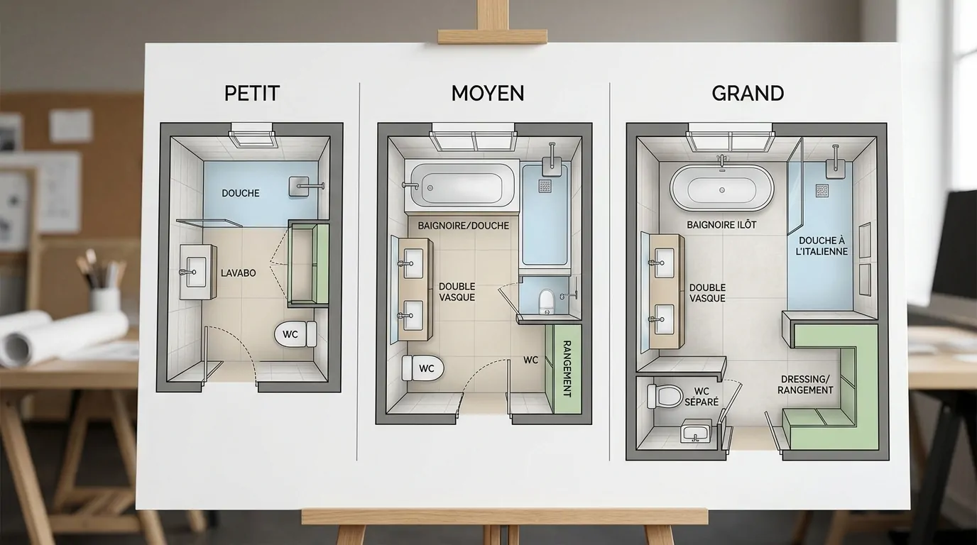 Diagrama comparativo de tres diseños de baño basados ​​en el espacio disponible
