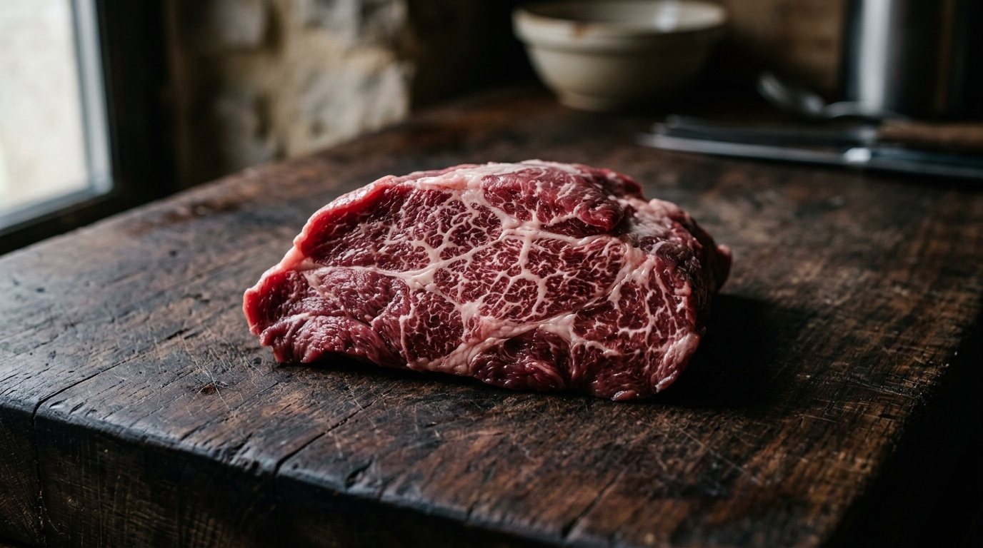 Pezzo di bistecca di maiale cruda con venature reticolate su un tagliere scuro da macellaio