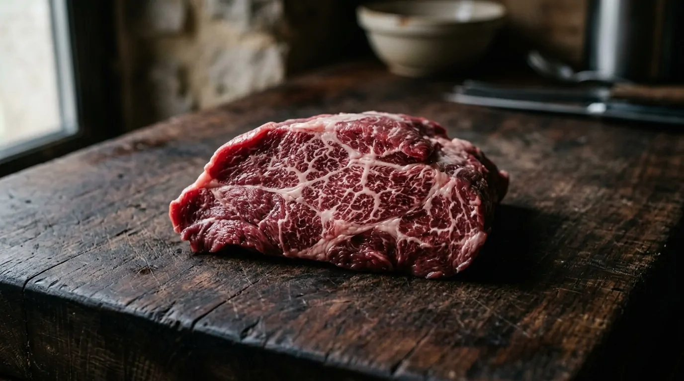 Un trozo de filete de cerdo crudo con vetas que recuerdan a una red, sobre una tabla de carnicero oscura