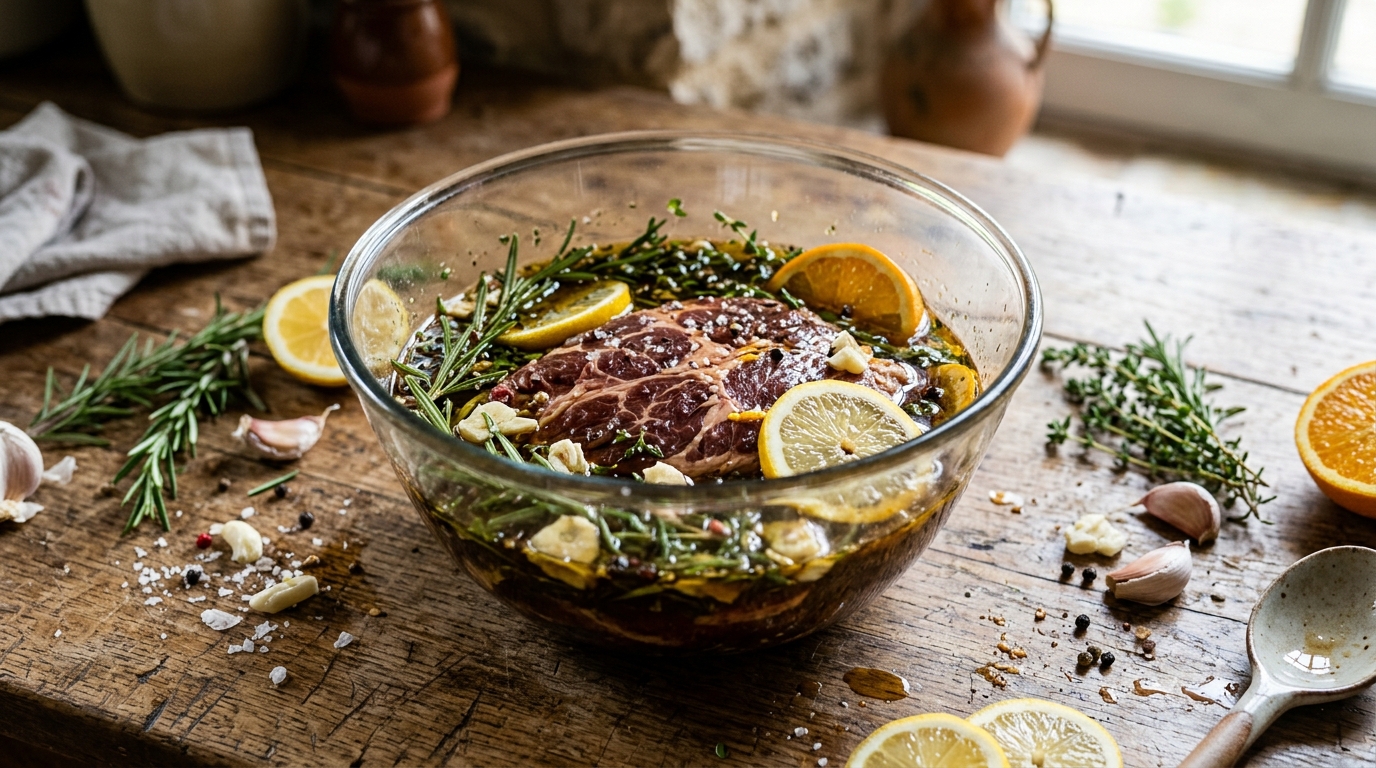 Bistecca di maiale cruda marinata in una ciotola di vetro con erbe fresche, aglio e agrumi
