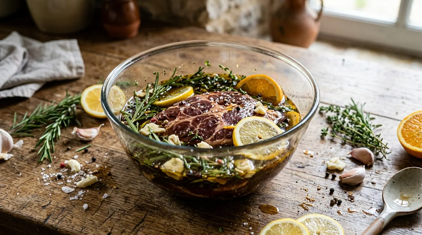 Filete de cerdo crudo marinado en un recipiente de vidrio con hierbas frescas, ajo y cítricos
