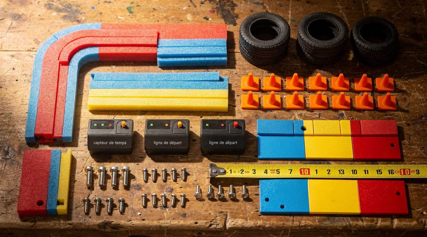 Materiales para vías de radiocontrol dispuestos sobre un banco de trabajo de madera, vista superior