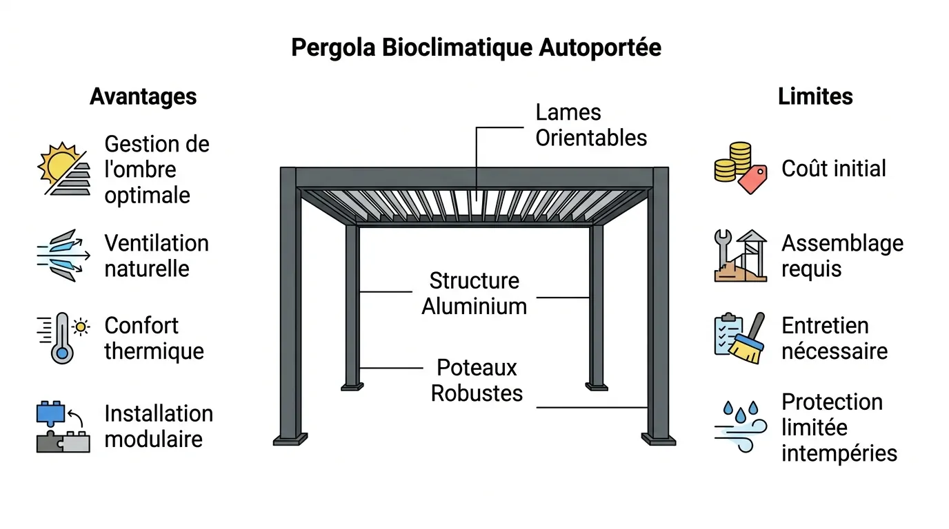 Diagrama explicativo de un kit de pérgola bioclimática independiente