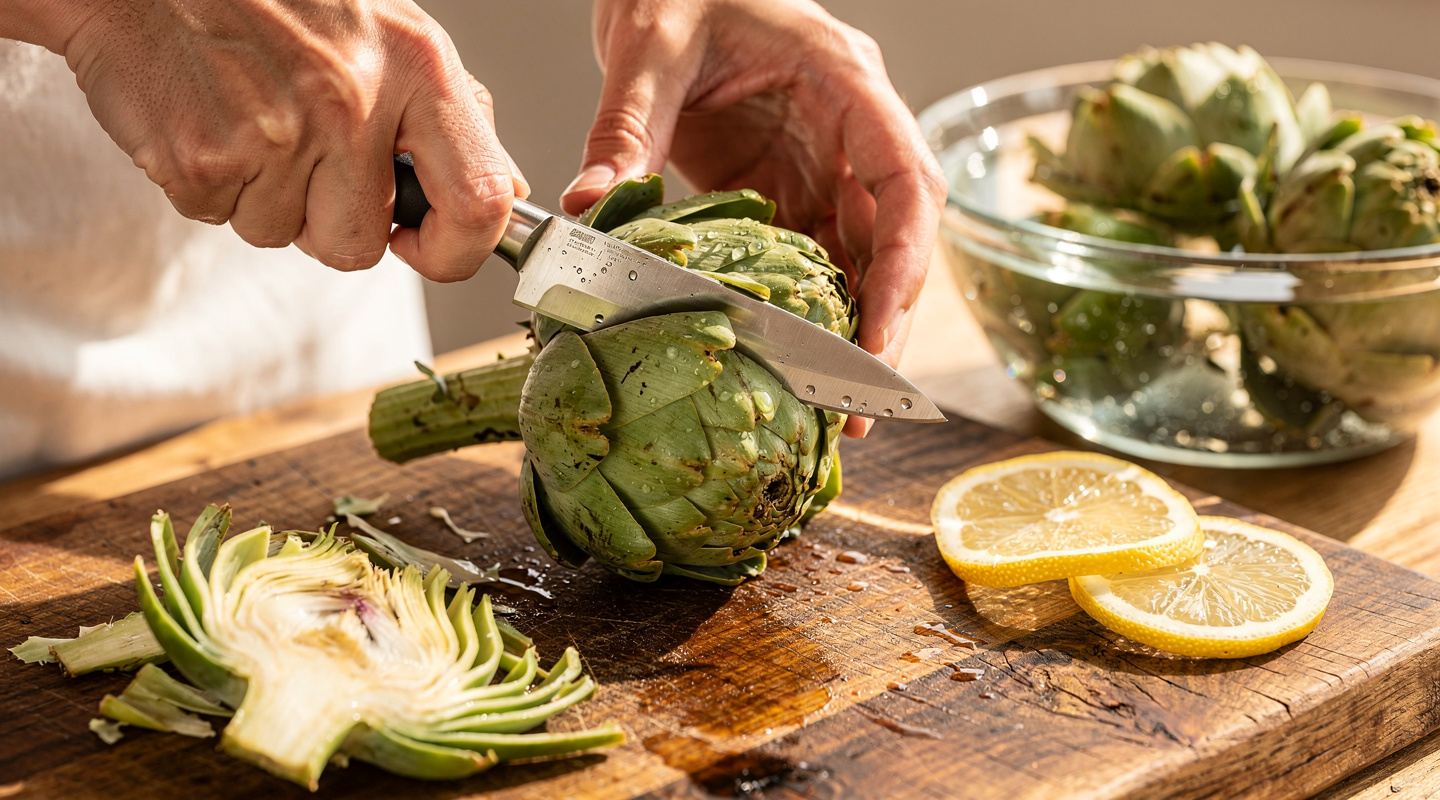 Manos cortando y preparando una alcachofa fresca sobre una tabla de madera para cocinar