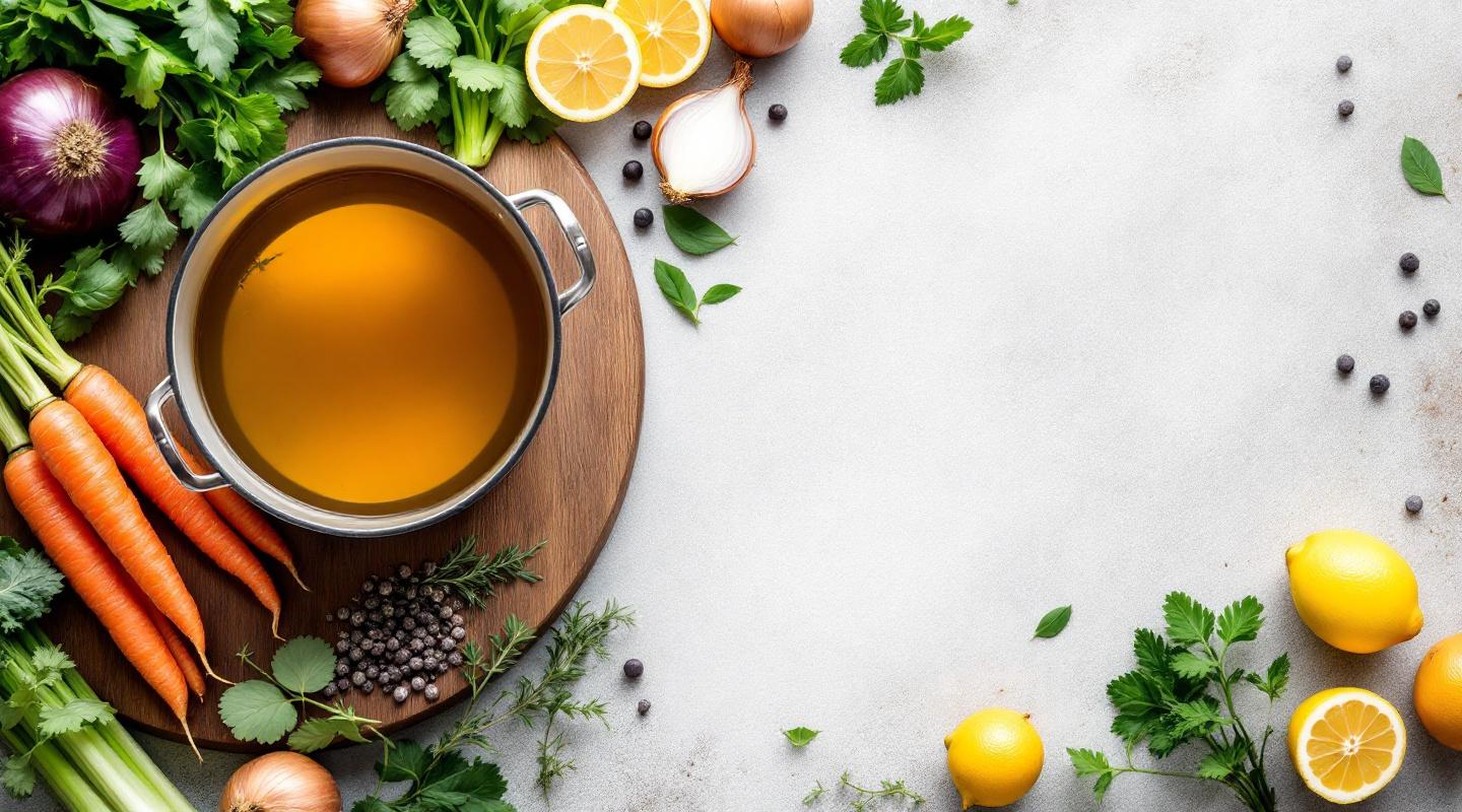 Tabla de madera con verduras aromáticas y una olla de caldo corto hirviendo a fuego lento