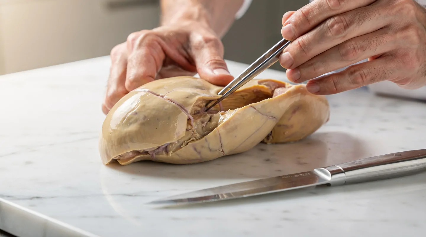 Mains d'un chef qui déveine un lobe de foie gras cru sur marbre blanc