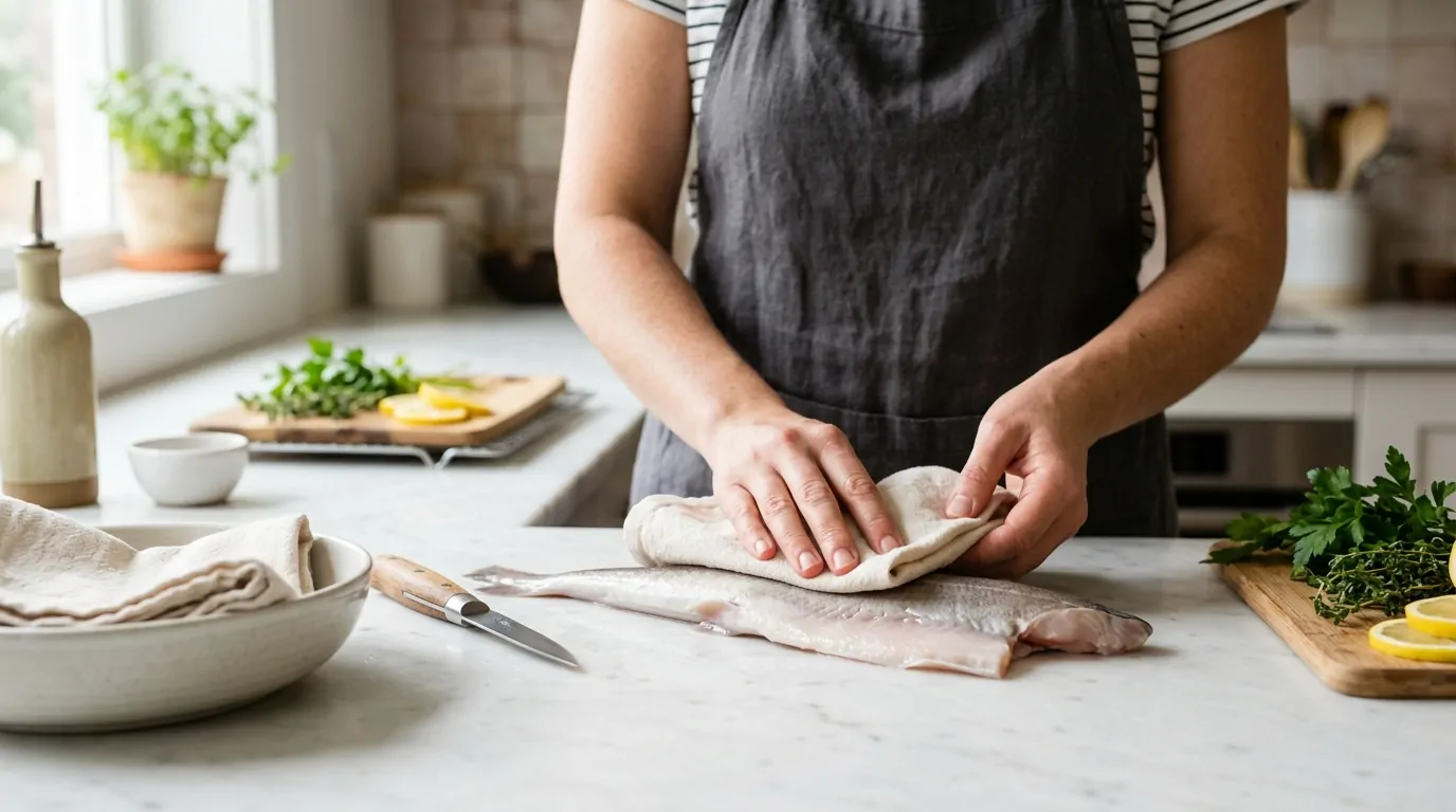 Freshly cleaned and dried dogfish (small-spotted salmon) fillet on a white marble work surface Freshly cleaned and dried dogfish (small-spotted salmon) fillet on a white marble work surface