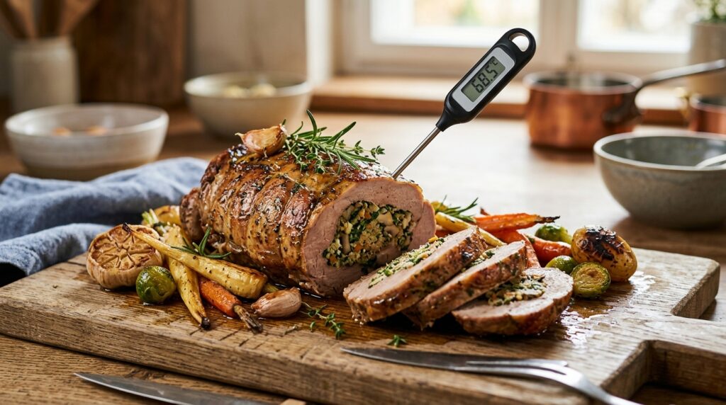 Asado de ternera relleno, dorado y cortado en rodajas sobre una tabla de madera con termómetro y hierbas frescas