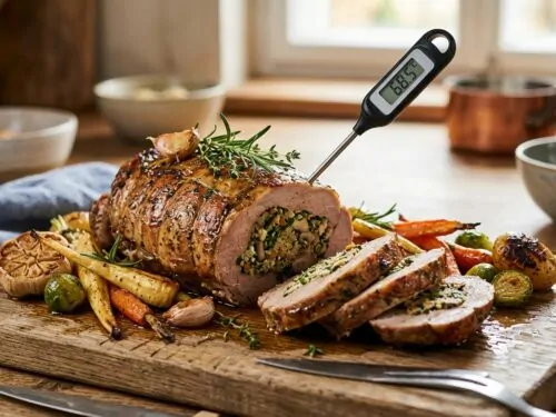 Asado de ternera relleno, dorado y cortado en rodajas sobre una tabla de madera con termómetro y hierbas frescas