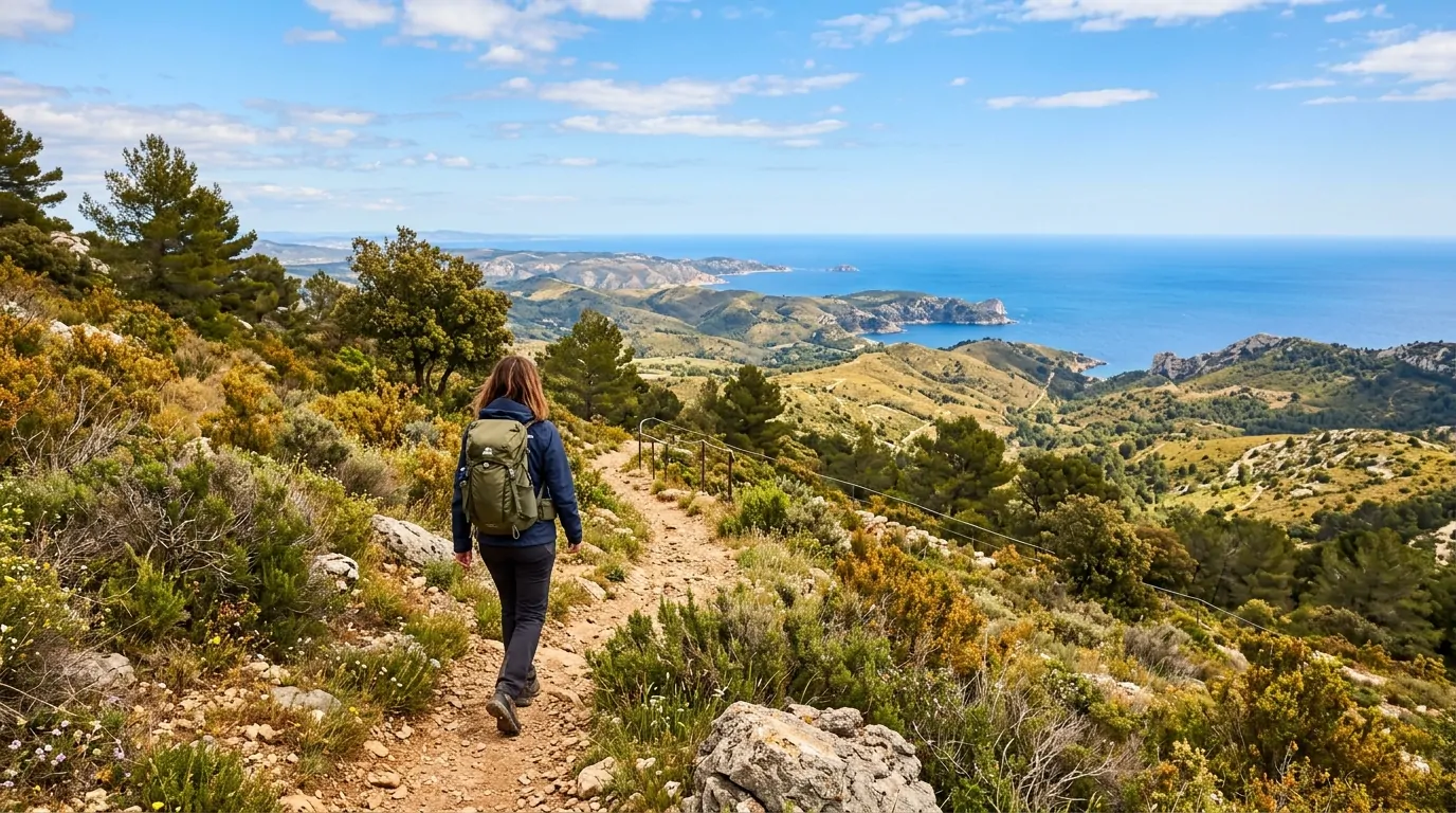Randonneur avec sac à dos sur un sentier provençal entre garrigue dorée et pins avec vue mer