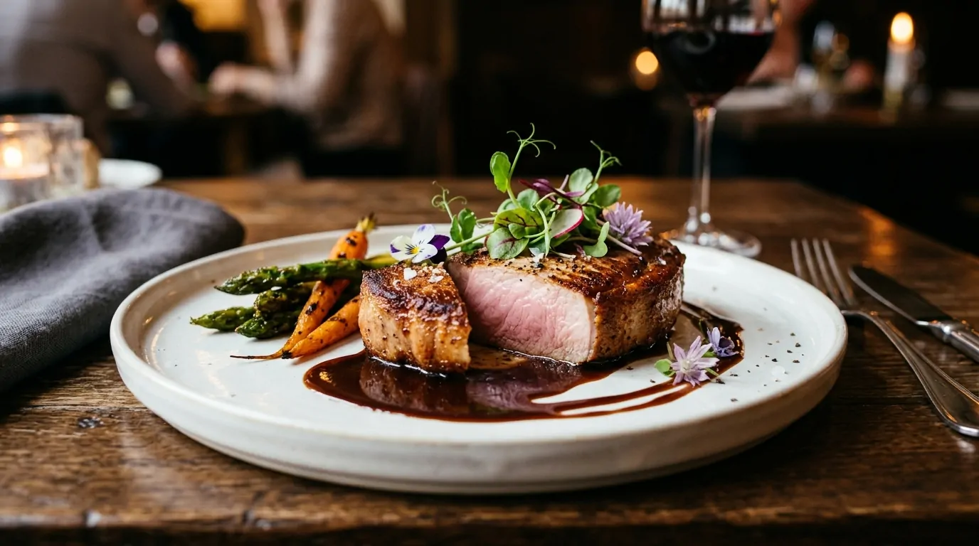 Filete de cerdo dorado en rodajas con centro rosado sobre un plato blanco gourmet