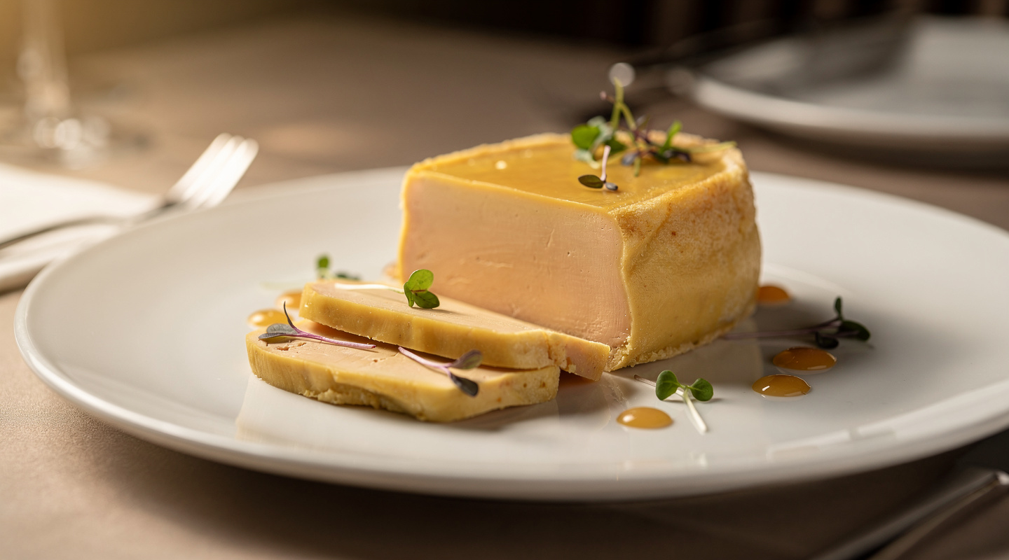 Terrina de foie gras en lonchas, dorada y suave por dentro, sobre un plato blanco Terrina de foie gras en lonchas, dorada y suave por dentro, sobre un plato blanco
