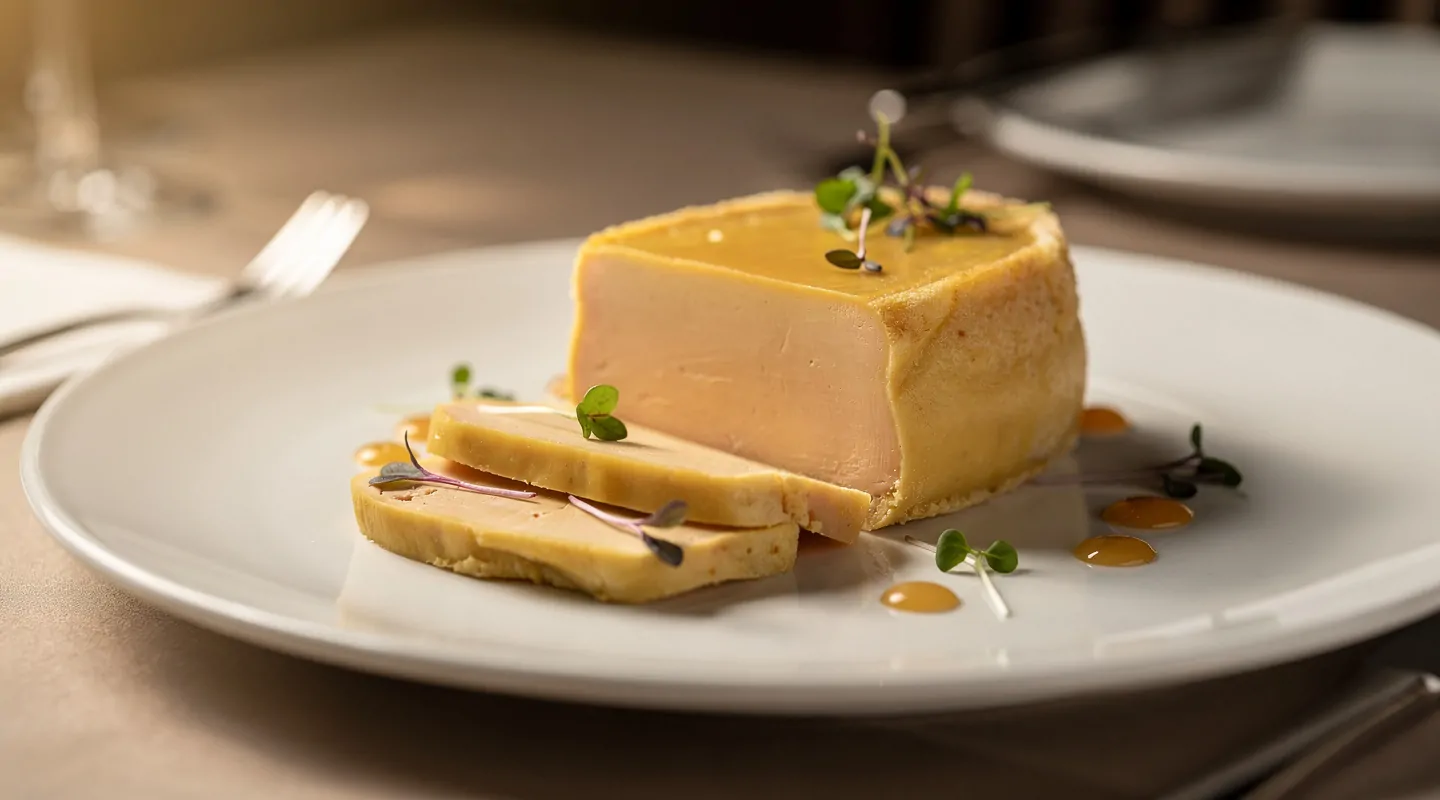 Terrine de foie gras tranchée à l'intérieur doré et lisse sur assiette blanche