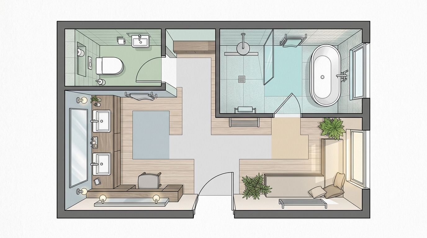 Architektonischer Plan eines modernen Badezimmers, unterteilt in verschiedene Zonen, Draufsicht