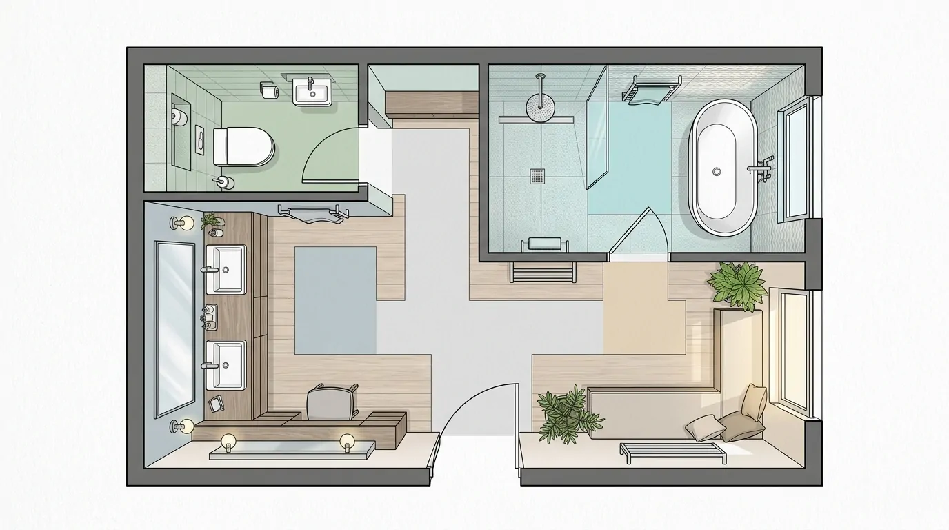 Plano arquitectónico de un baño moderno dividido en zonas diferenciadas, vista superior