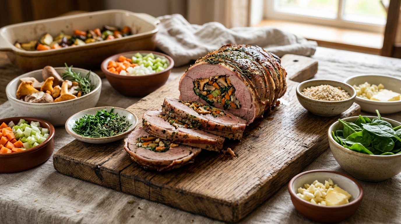 Un asado de ternera relleno y bien cocinado, cortado en rodajas sobre una tabla de madera, que deja ver una colorida guarnición de setas y verduras