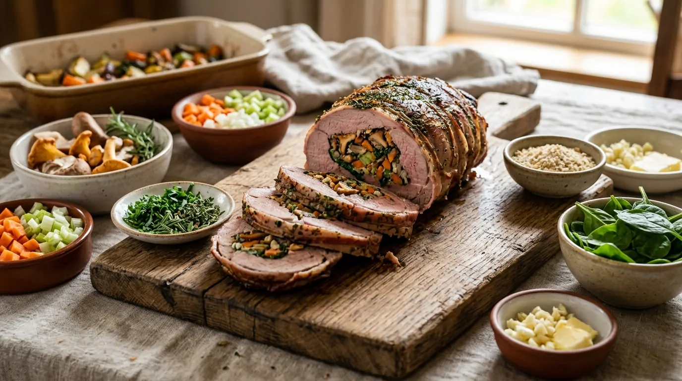 Un arrosto di vitello ripieno, ben cotto e affettato su un tagliere di legno, che rivela una colorata guarnizione di funghi e verdure Un arrosto di vitello ripieno, ben cotto e affettato su un tagliere di legno, che rivela una colorata guarnizione di funghi e verdure