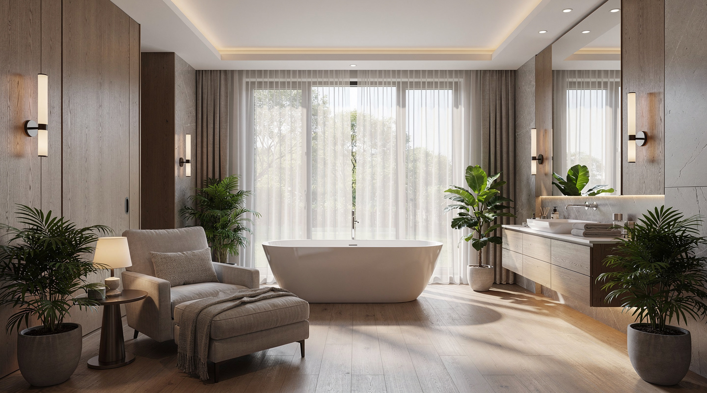 Luxuriöses Badezimmer mit freistehender Badewanne, Sessel und Grünpflanzen in der Nähe eines großen Fensters