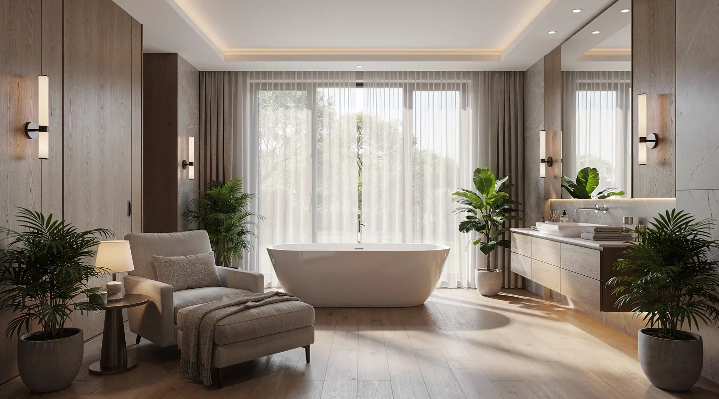 Baño de lujo con bañera exenta, sillón y plantas verdes cerca de una gran ventana