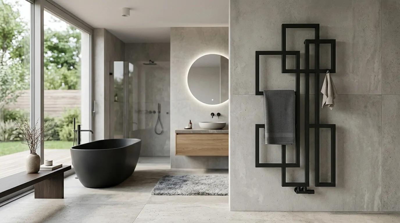 Calentador de toallas de diseño en un baño moderno
