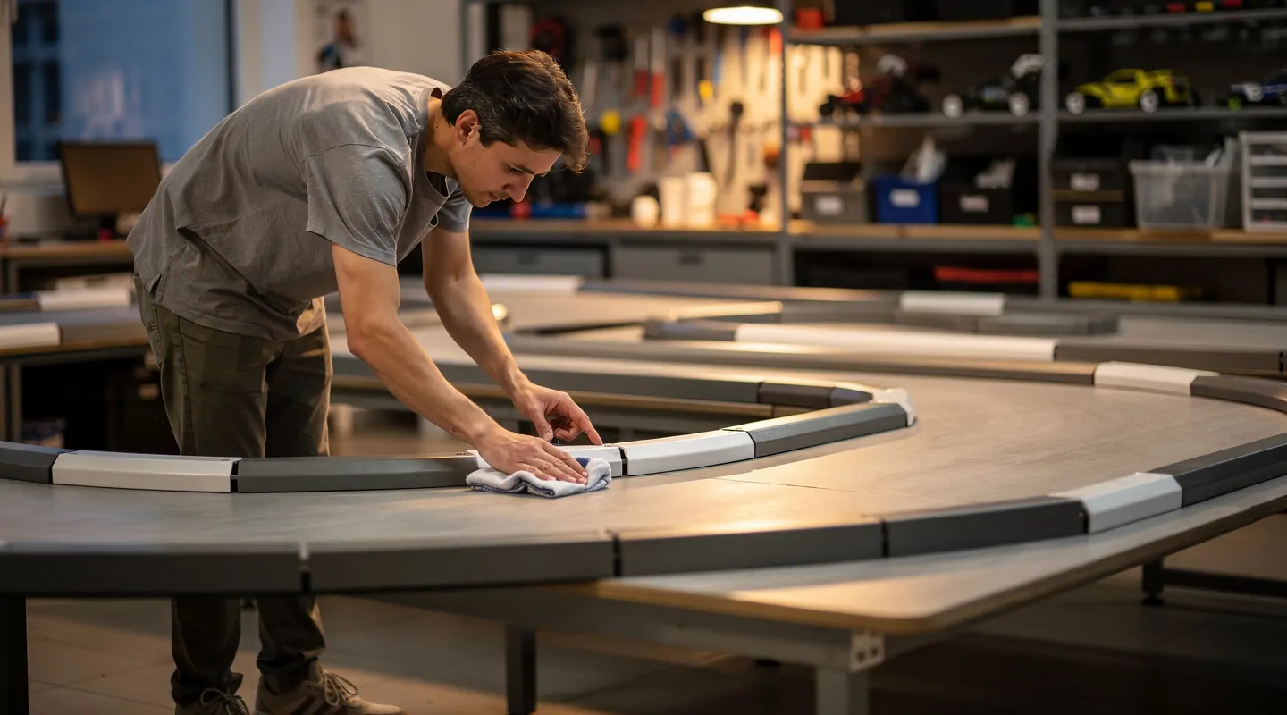 Una persona vestida de manera informal está limpiando e inspeccionando una pista de coches teledirigidos