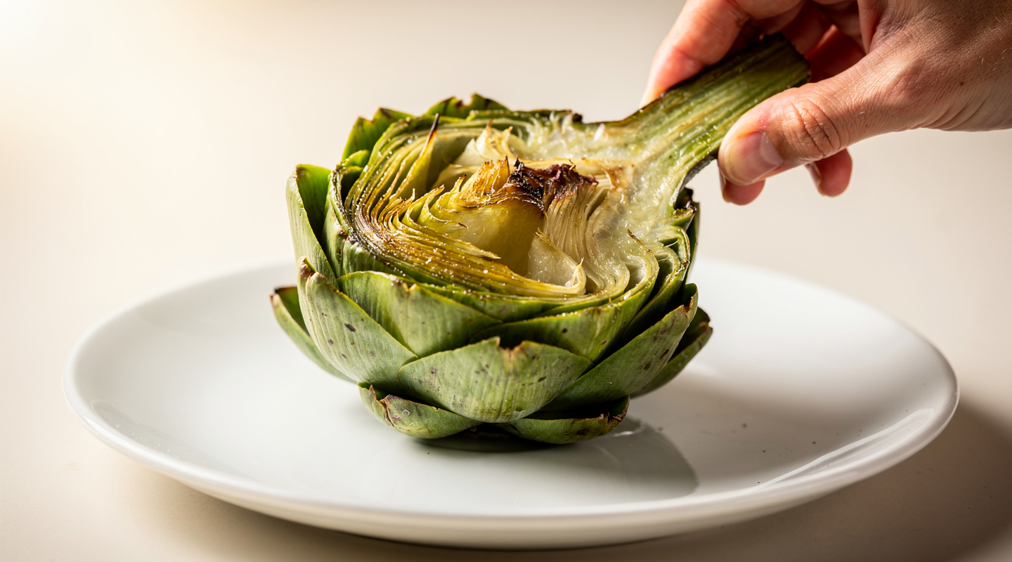 Alcachofa perfectamente cocinada en un plato blanco con una hoja tierna separada, que deja ver el interior suave